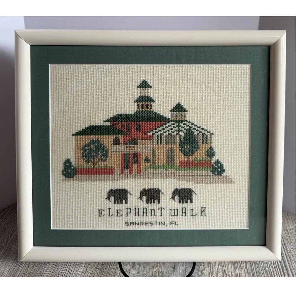 Vintage Elephant Walk Sandestin FL Cross Stitch Framed Art 1999 Grannycore Decor